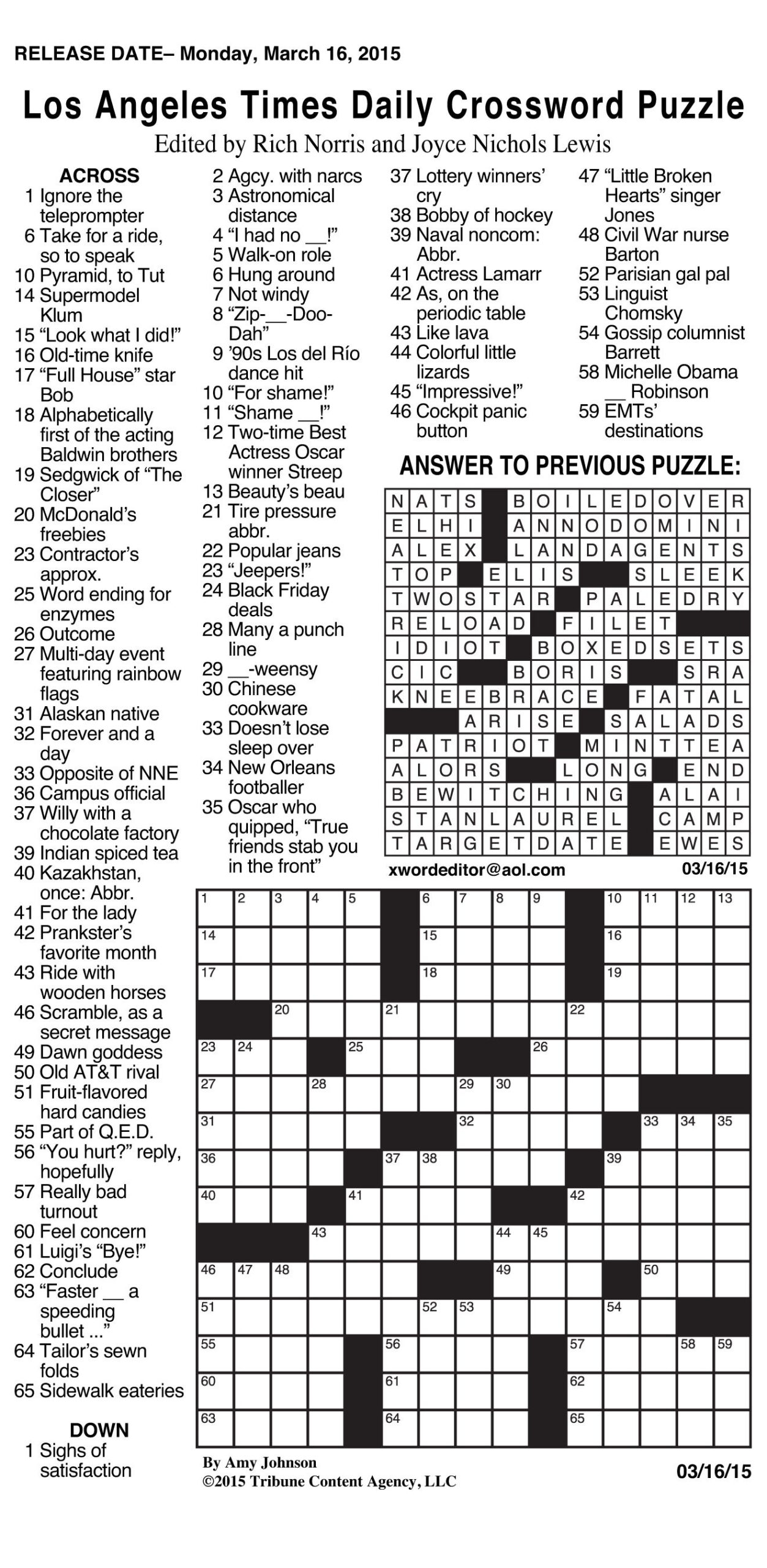 Sample Of Los Angeles Times Daily Crossword Puzzle (Grid Bottom in Los Angeles Times Crossword Puzzle Printable