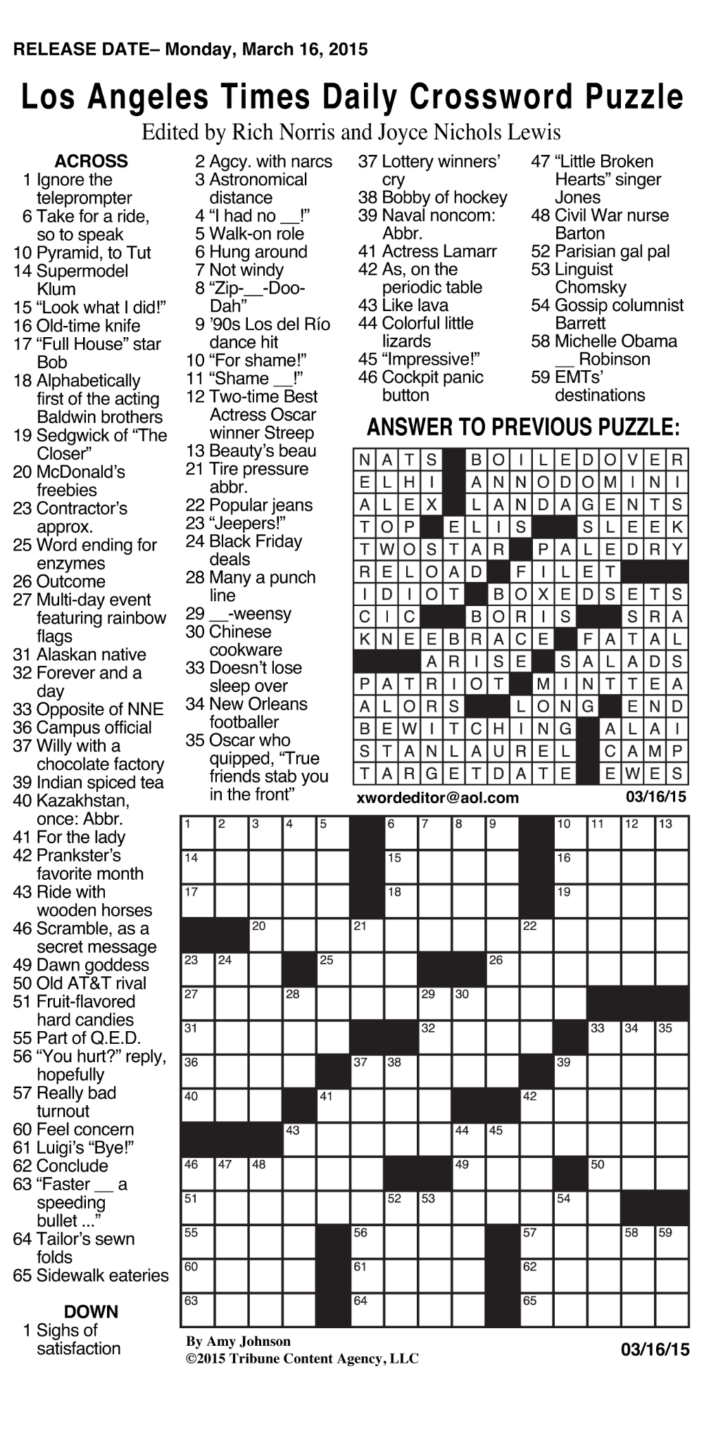 Sample Of Los Angeles Times Daily Crossword Puzzle (Grid Bottom pertaining to Los Angeles Times Crossword Puzzle For Today Printable