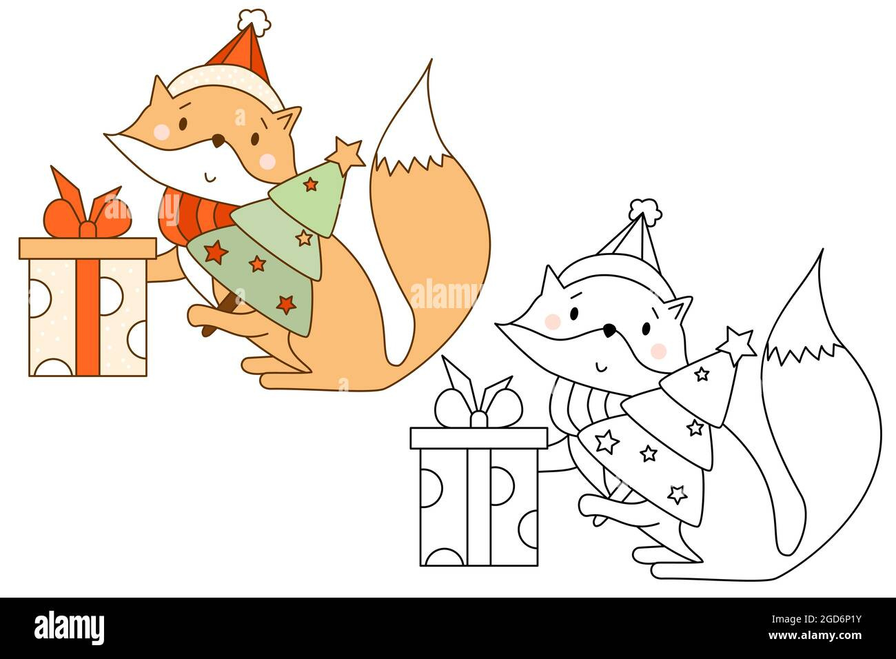 Santa Fox With Christmas Tree And Big Gift Box. Set Of 2 Drawings with regard to Printable Drawingscolor