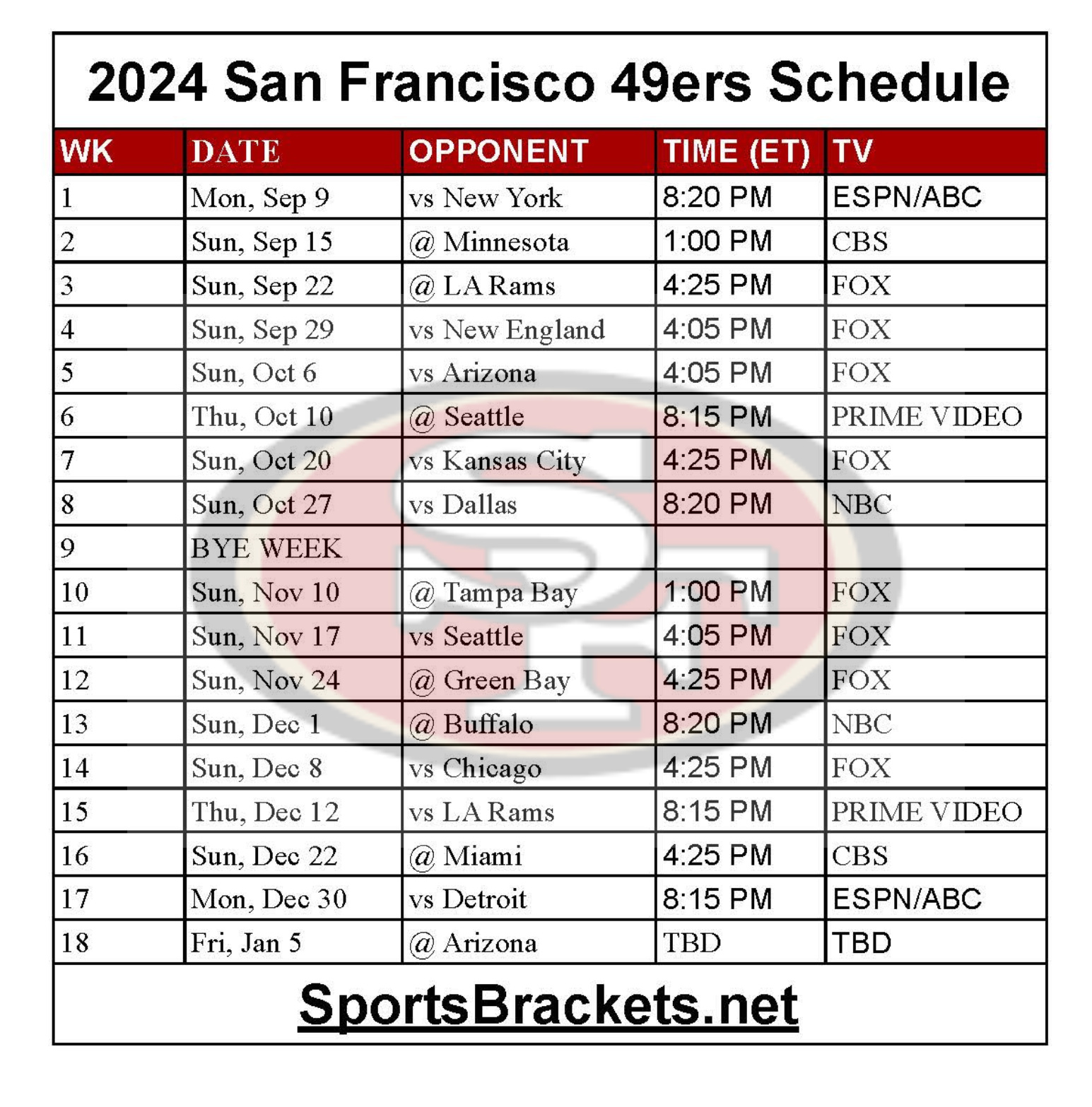 Search throughout 49Ers Schedule 2024 Printable