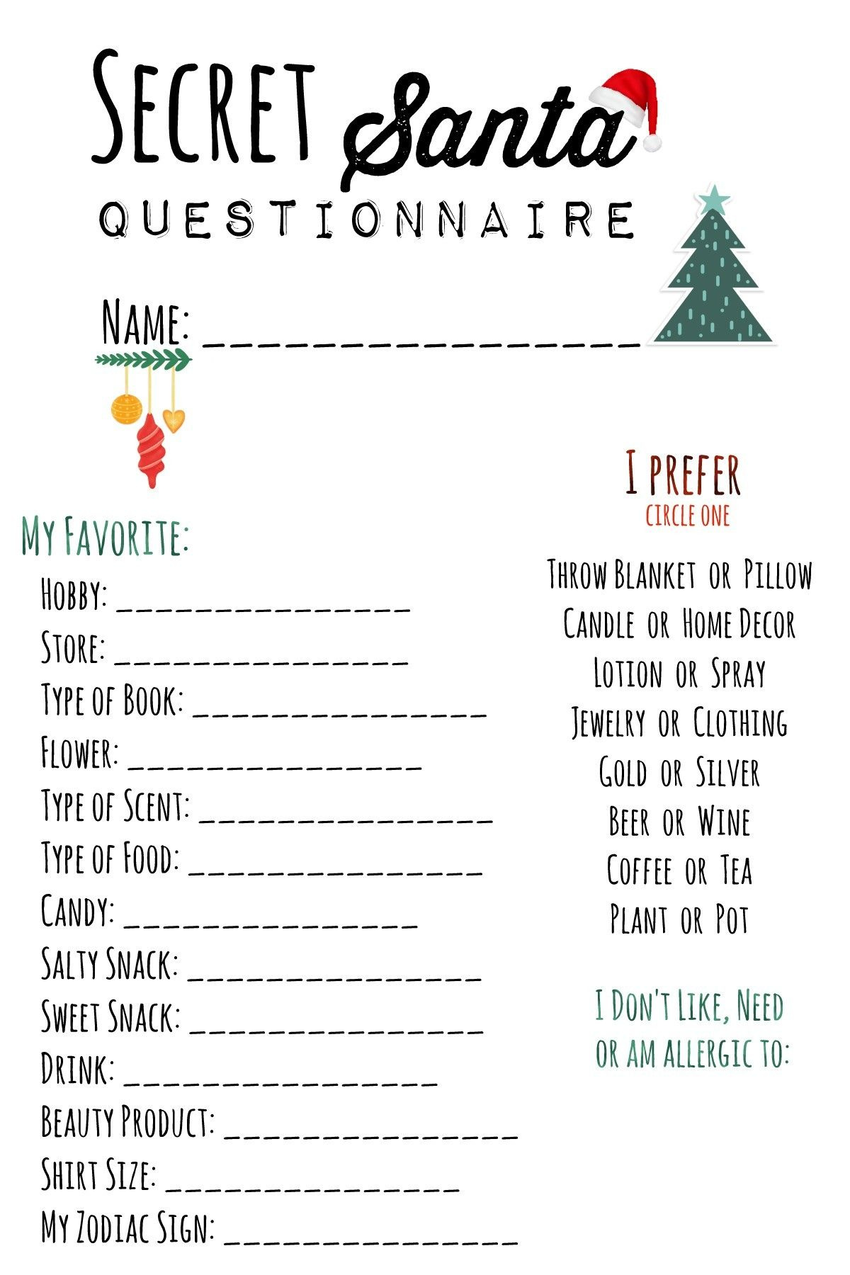 Secret Santa Questionnaire in Printable Secret Santa Questionnaire