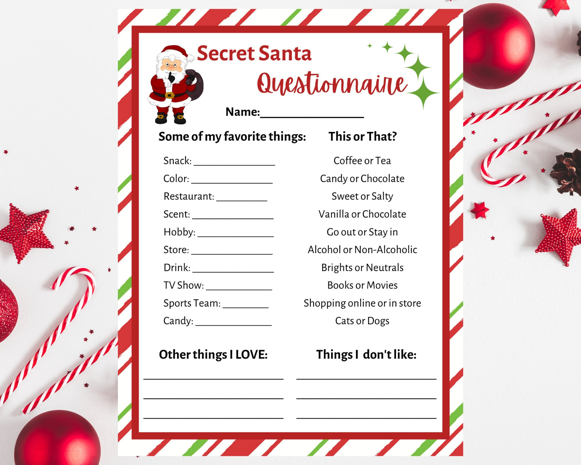 Secret Santa Questionnaire Printable. Secret Santa Form. Secret in Secret Santa Template Printable