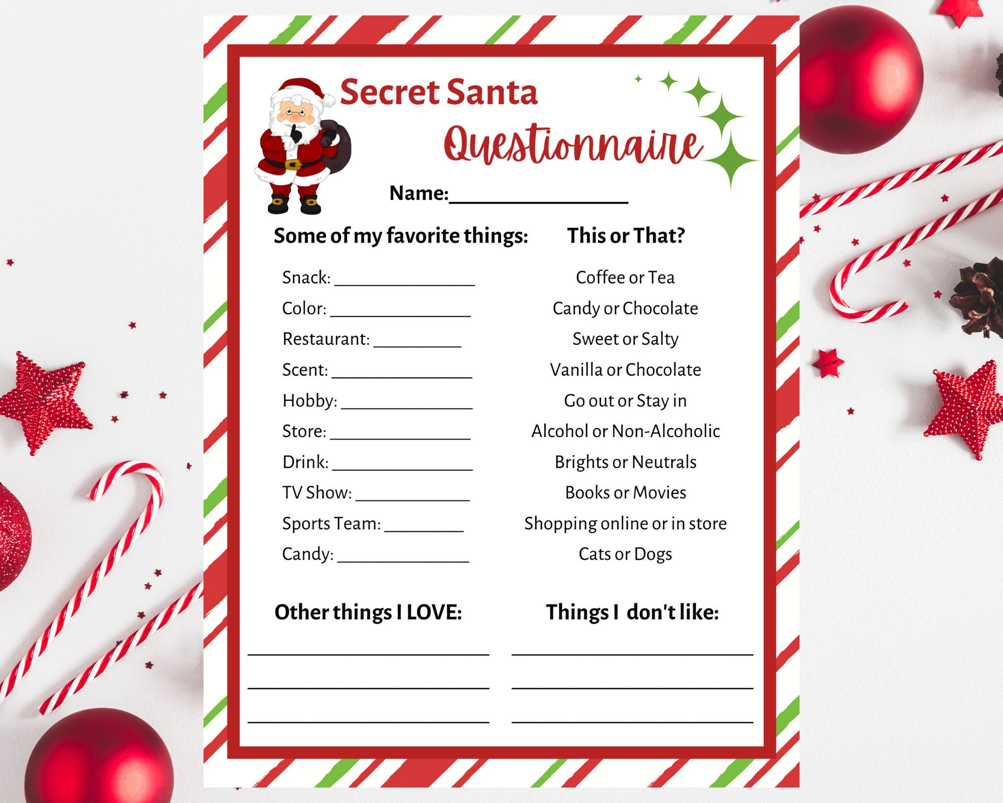 Secret Santa Questionnaire Printable. Secret Santa Form. Secret inside Secret Santa Questionnaire Printable