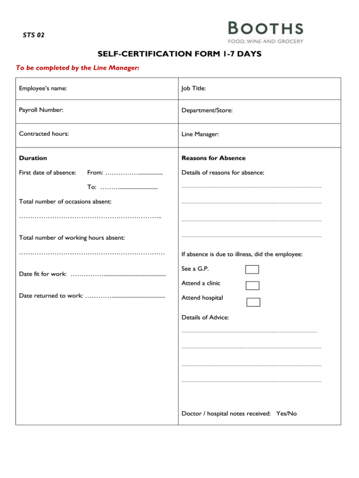 Statutory Sick Pay Printable Self Certification Form 2021