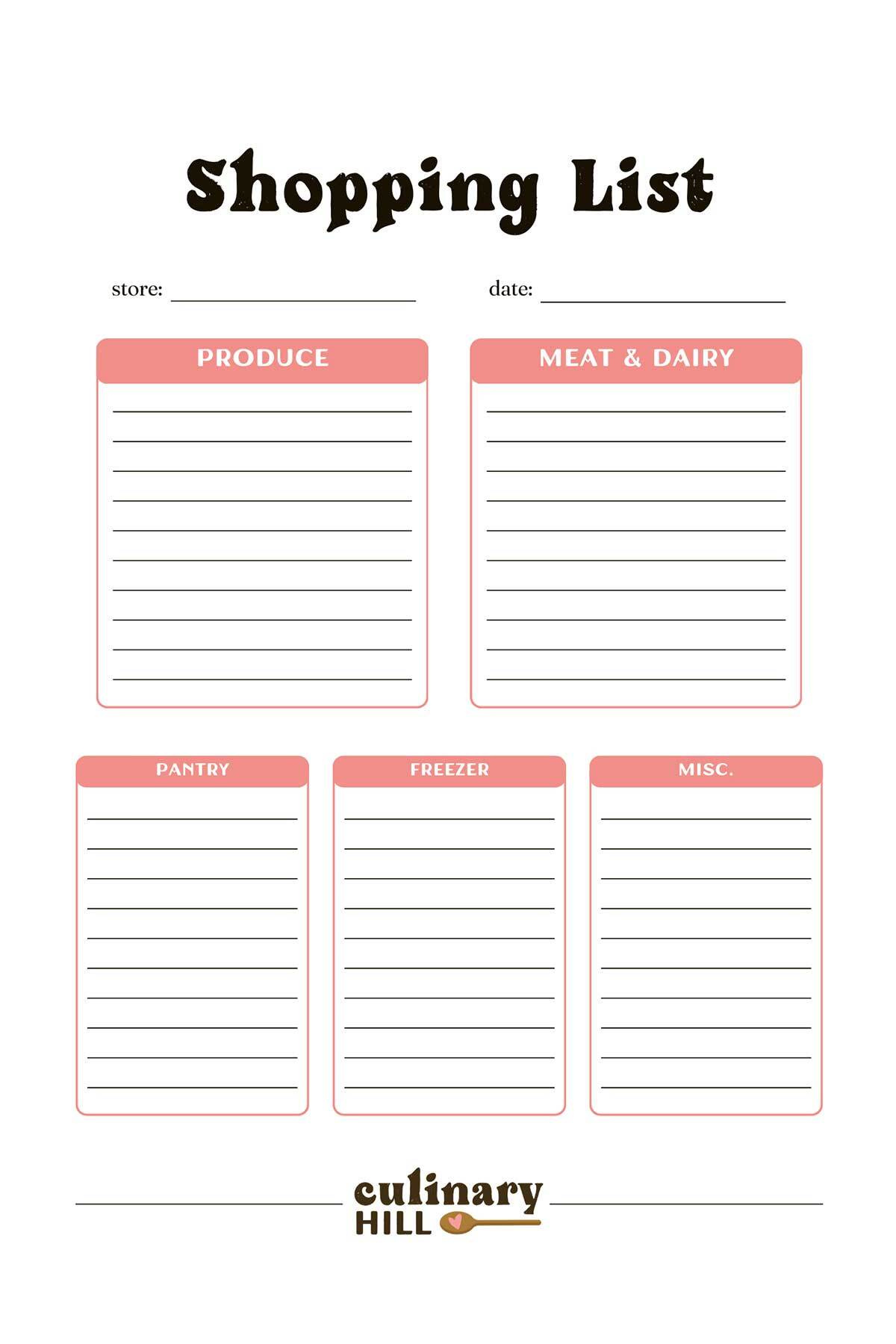 Shopping List Template - Culinary Hill for Free Printable Grocery Shopping List