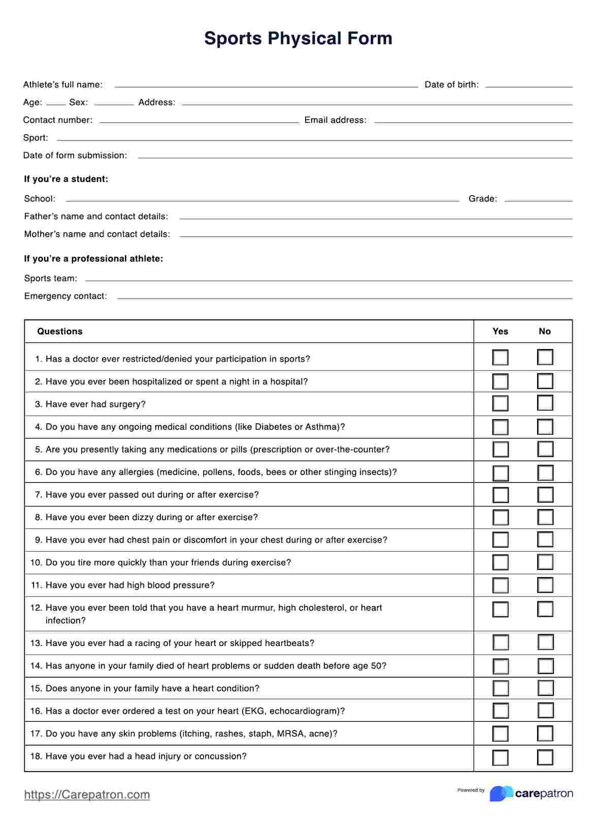 Sports Physical Form &amp;amp; Example | Free Pdf Download within Basic Emotional And Physical Needs Assessment Quiz Printable