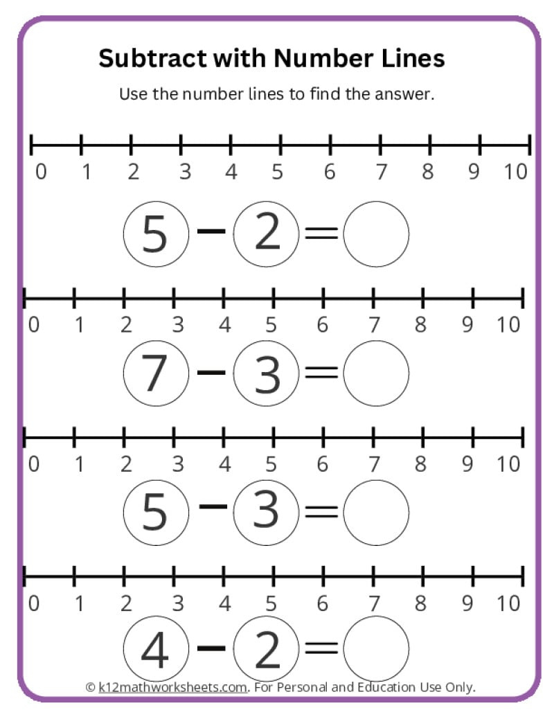 Subtract With Number Lines - K12 Math Worksheets with regard to K-12 Free Printable Worksheets