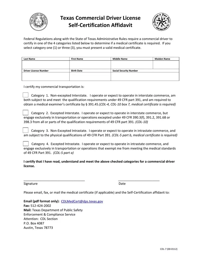 Texas Cdl 7 Form ≡ Fill Out Printable Pdf Forms Online inside Self Certification Certificate Printable Dot Medical Card