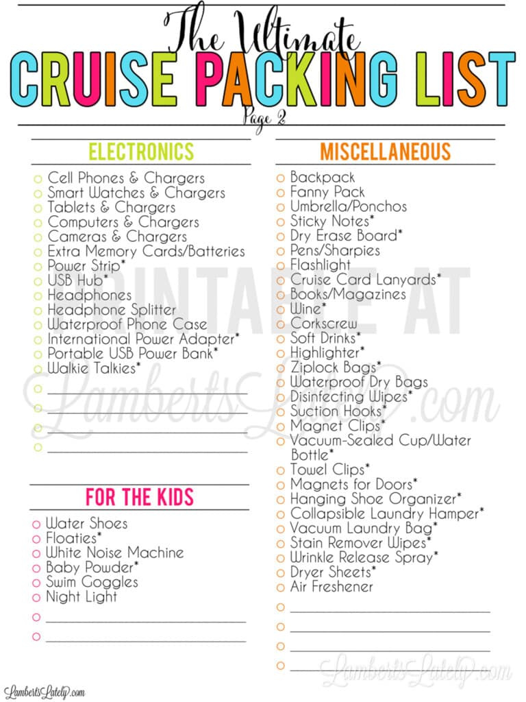 The Ultimate Cruise Packing List (Free Printable Pdfs) | Lamberts for Cruise Packing Checklist Printable