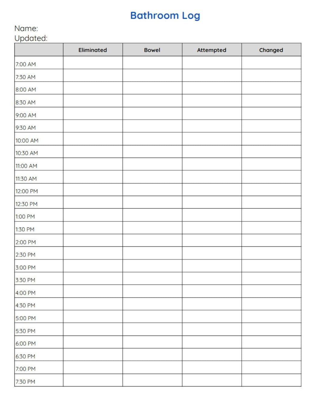 Toileting Routine Bathroom Chart Log Toilet Training - Etsy with regard to Toileting Data Sheet Printable