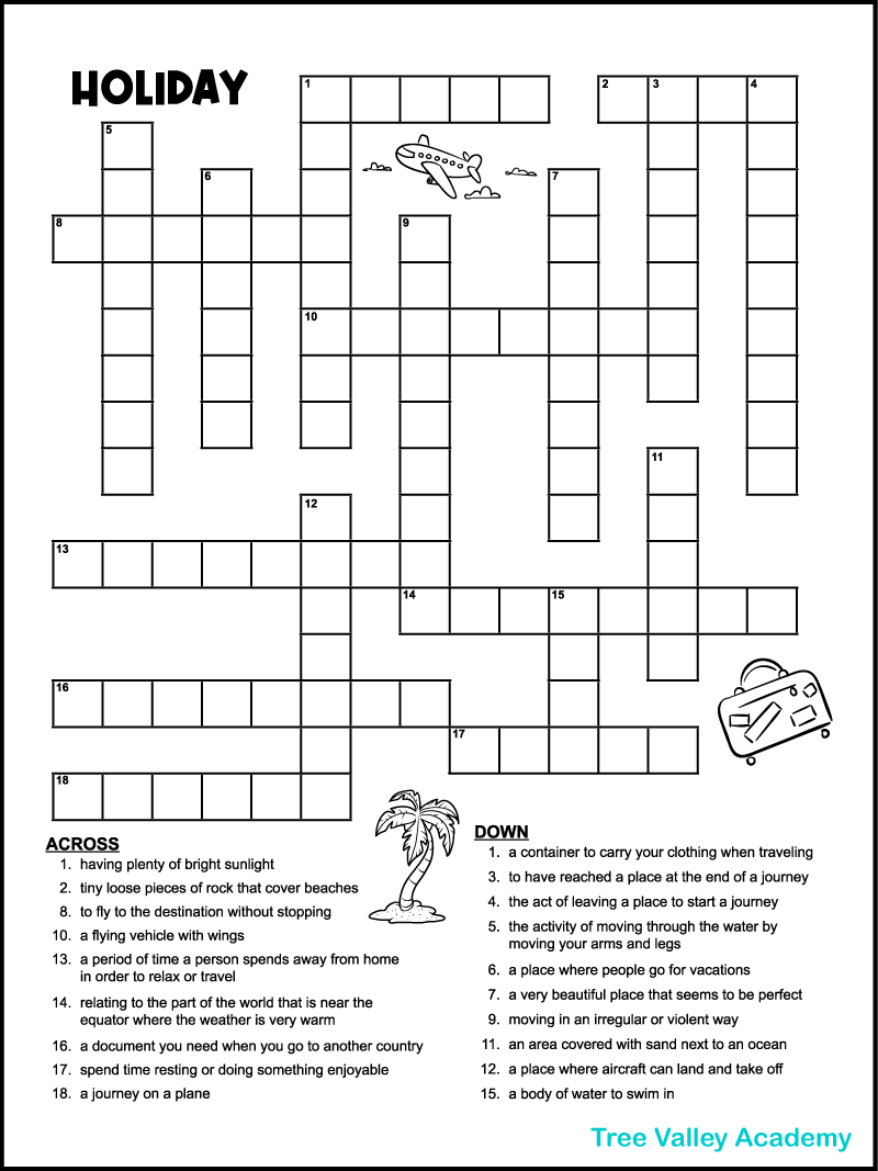 Vacation Crossword Puzzles - Tree Valley Academy intended for Free Printable Crossword Puzzle