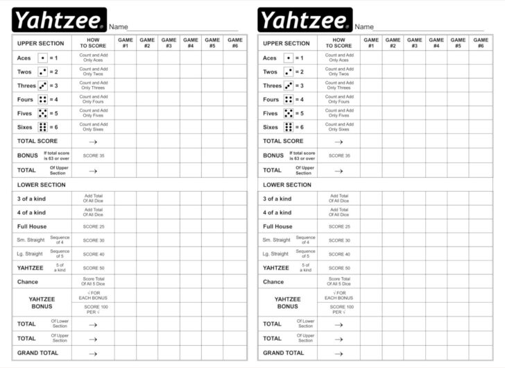 Yahtzee Printable Score Cards