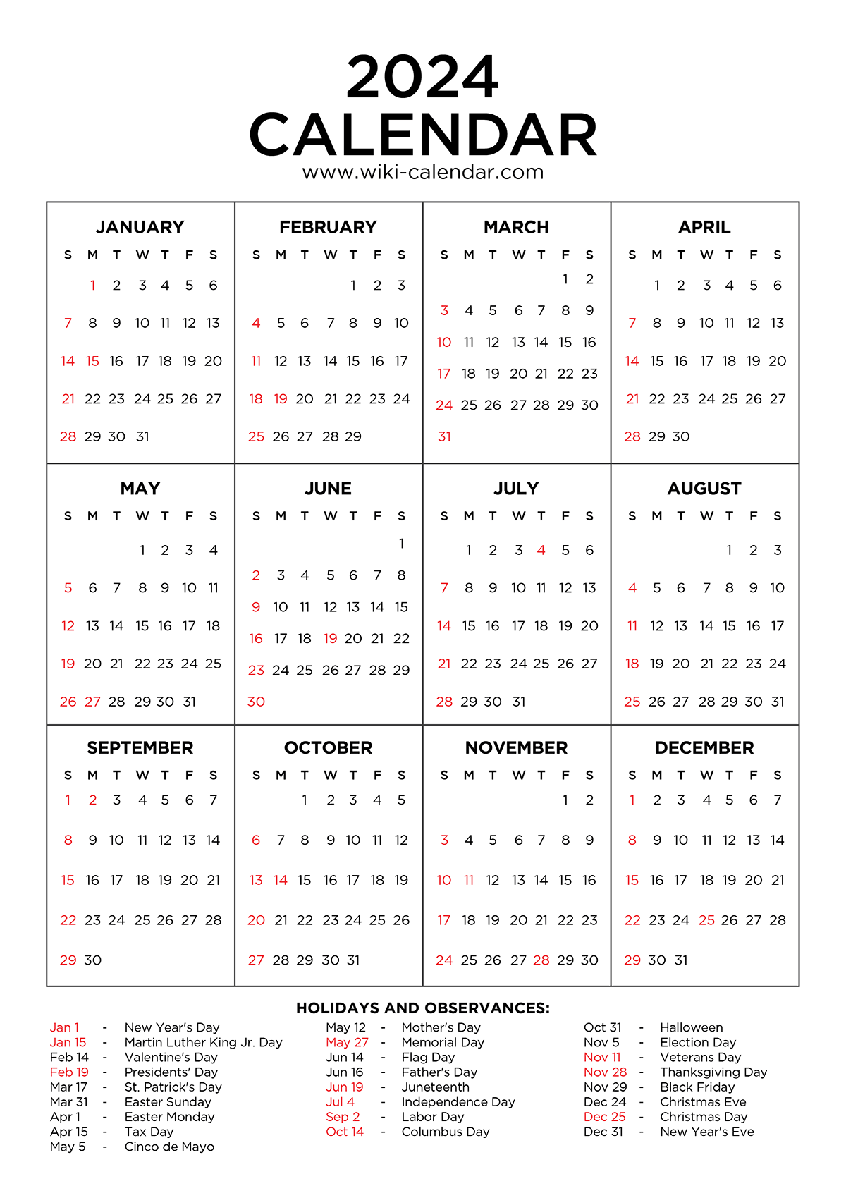 Year 2024 Calendar Printable With Holidays - Wiki Calendar pertaining to Calendars 2024 Printable Free